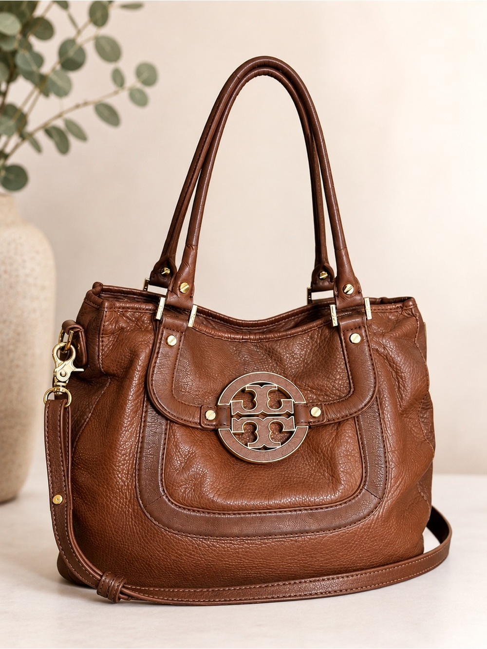 Tory Burch Amanda Brown Pebbled Leather Shoulder Tote Crossbody Bag